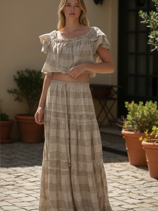 Free People Dresses & Skirts - Free People Beige Plaid Tiered Maxi Skirt crop top set